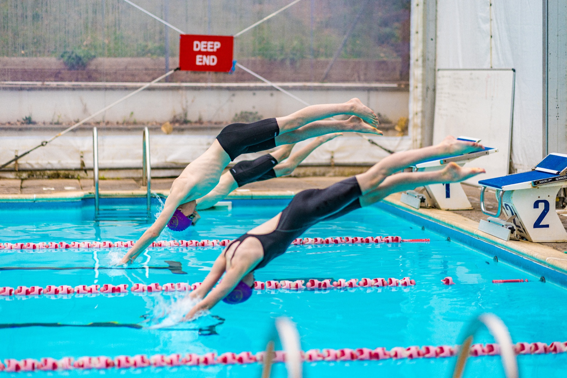 Trinity pupils diving into the swimming pool at the start of a race